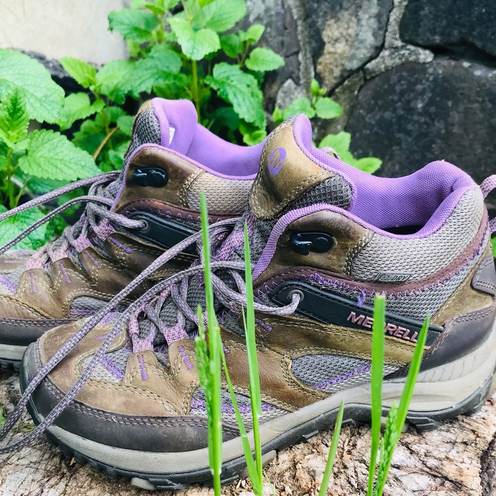 Merrell Brindle Mid Top Select Dry Grip Hiking Trail Shoes US 8 Olive & Lilac